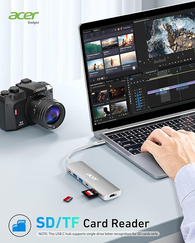 Acer USB C Dock, 7 in 1 USB C to HDMI Hub, 2 USB 3.1 GEN1 and 5Gbps Type-C Data Port, 4K HDMI Port, PD 100W Charging, SD Card Reader, for iPad Pro MacBook Pro Acer Laptops and More (Silver)