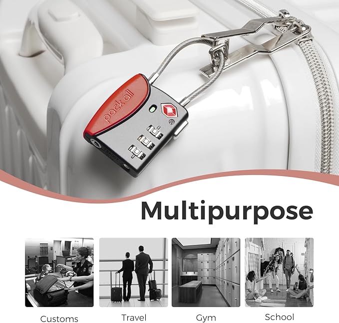 pack all TSA Approved Cable Luggage Locks, 3 Digit Combination Padlocks, Travel Lock for Suitcases & Bag, Alloy Body, Travel Accessories (4 Pack)(Red)