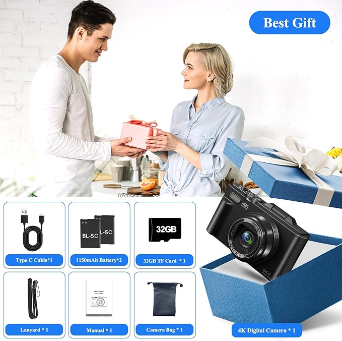 Digital Camera for Photography, WiFi 64MP 4K Vlogging Camera for YouTube, 3" 180° Flip Screen 18X Digital Zoom Compact Vlog Travel Cameras with 32GB TF Card & 2 Batteries, Black