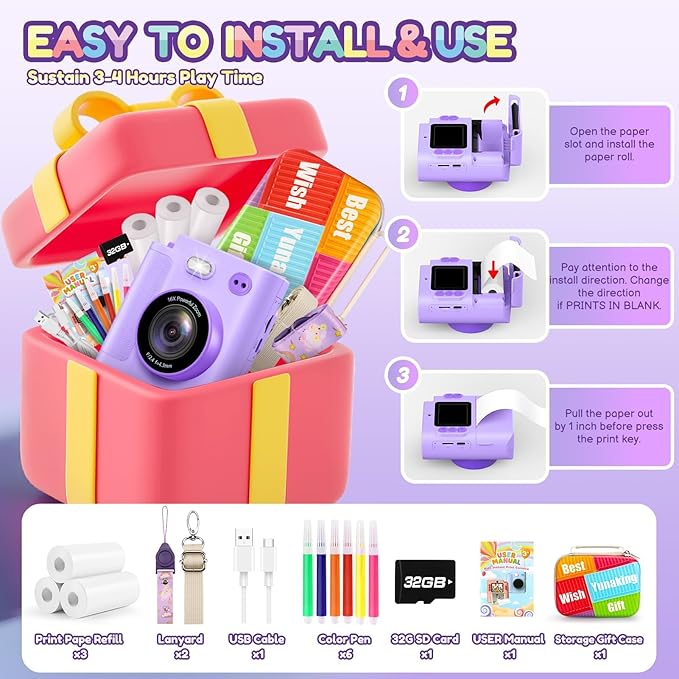 Kids Camera Gift for Girls: Selfie Digital Instant Print Cameras HD Toys for Kids Teen Girls Boys Ages 3 4 5 6 7 8 9 10 12 Birthday Christmas Valentines Easter Gifts with 32G SD Card Purple