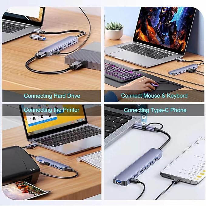 VIENON Aluminum USB C & USB Hub 7-in-1 with USB 3.0, USB-C Ports for PC/Laptops/MacBook Pro/Air/iMac/iPad and More Devices