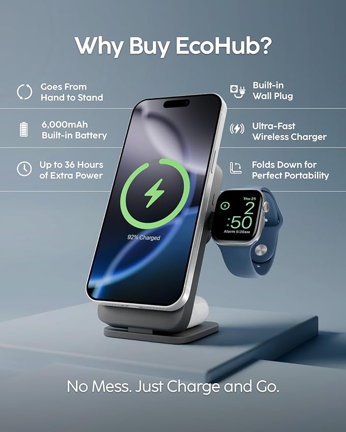 myCharge EcoHub 3 in 1 Apple Charging Station & Magsafe Battery Pack | Wireless Charger for iPhone, iWatch, AirPods | Magnetic Portable Charger with Wall Plug | Travel-Ready & Foldable