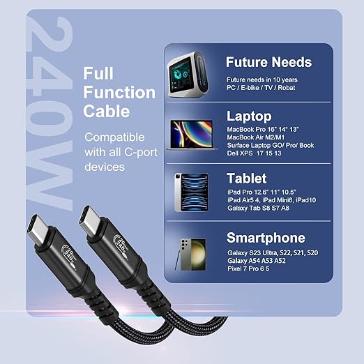 USB C to USB C Cable 10 ft, 240W Type C Fast Charging PD3.1 48V/5A 20Gbps Data Transfer Monitor Display Video USB 3.2 Cord for MacBook Pro 16 M4 140W iPhone 17 Pro Max iPad Galaxy Pixel-2Pack