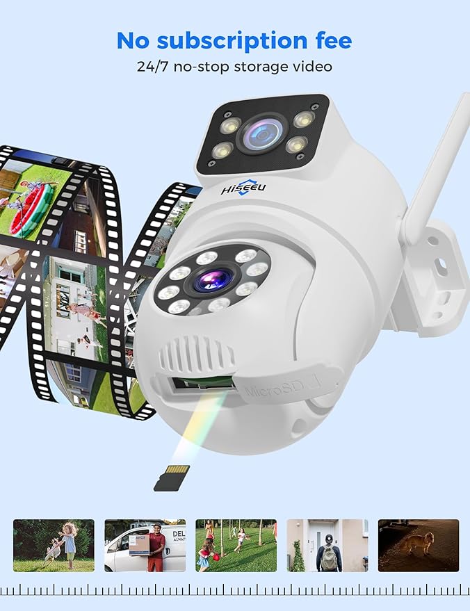 Hiseeu Wireless Security Camera, 5G/2.4G WiFi,Dual Lens View, Pan-Tilt- Zoom Control, Full Color Night Vision, Smart Motion Detection, Auto Track,Two-Way Audio, IP66 Waterproof, Plug-in Cable