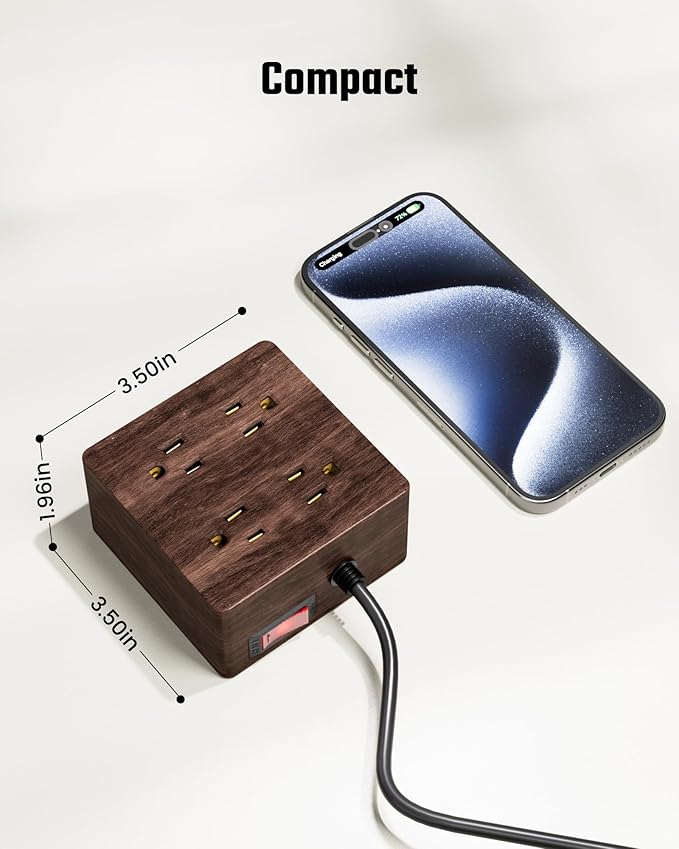 SUPERDANNY USB Power Strip Surge Protector - Desktop Extension Cord with 4 Widely Spaced Outlets & 4 Smart USB Ports, Portable Charging Station for Home, Office, Hotel, Dorm, RV, Deep Walnut Grain