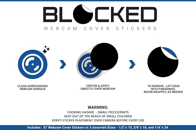BLOCKED Stackable Webcam/Camera Vinyl Covers | 57 TabbedLow-Tack Restickable Webcam Sticker | Multiple Sizes | White 57-Pack Tabbed (Ultra Glossy)