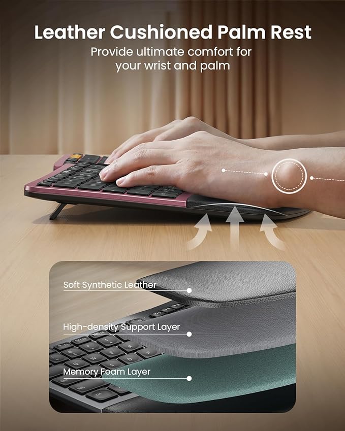 ProtoArc Backlit Bluetooth Ergonomic Keyboard, EK01 Plus Full Size Wireless Split Keyboard with Dual Bluetooth and USB, Cushioned Wrist Rest, Rechargeable, Compatible with Windows/Mac, Wine Red