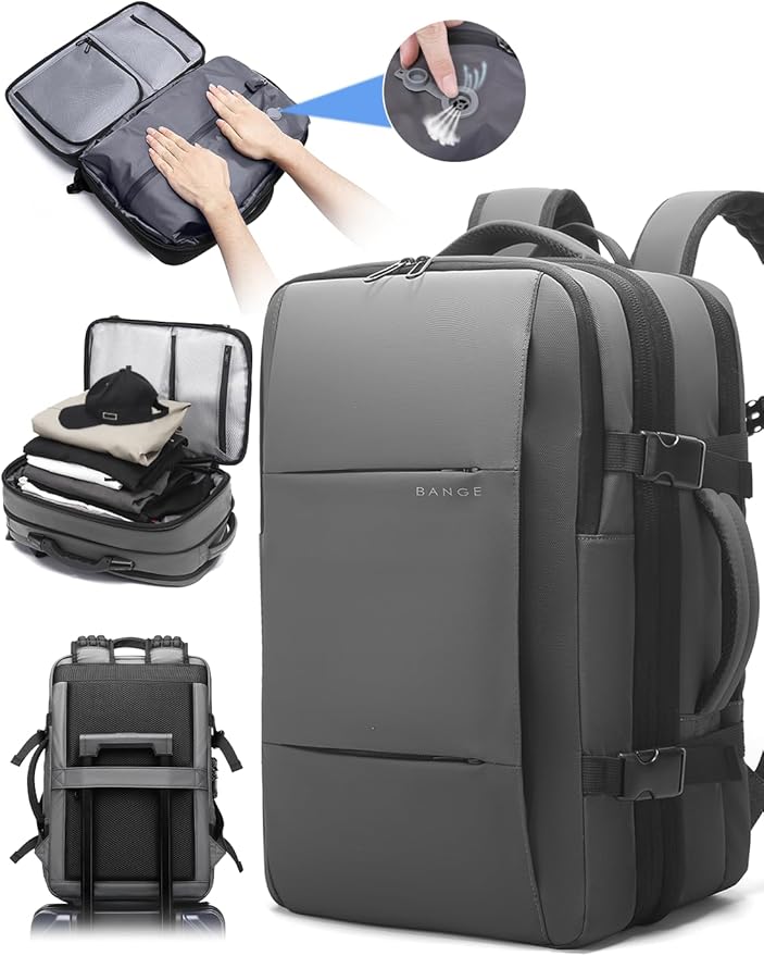 BANGE Backpack with Anti-Theft Vacuum Compression Travel Backpack,Expandable Backpacks with Pump for Airplanes