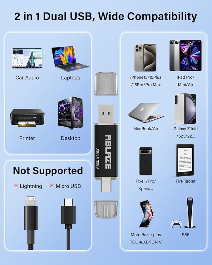 ABLAZE Type C Flash Drive 32GB, Dual USB 3.0+ USB C Flash Drive Compatible with iPhone 16/15,Android Smartphone,Computer,Tablet Mac Laptop