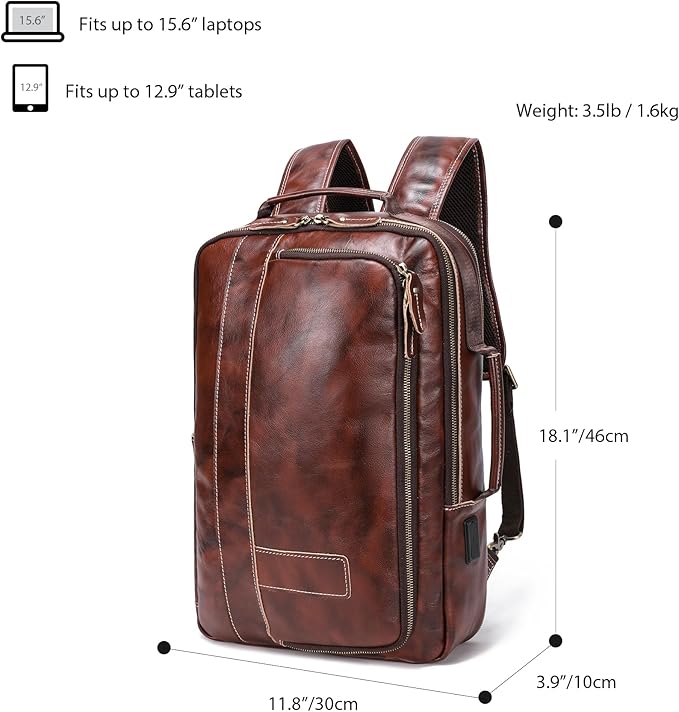 LANNSYNE Vegetable Tanned Leather Backpack for men, Expandable Leather Backpack Fits 15.6 Laptop, Tote Shoulder Travel Bag Rucksack