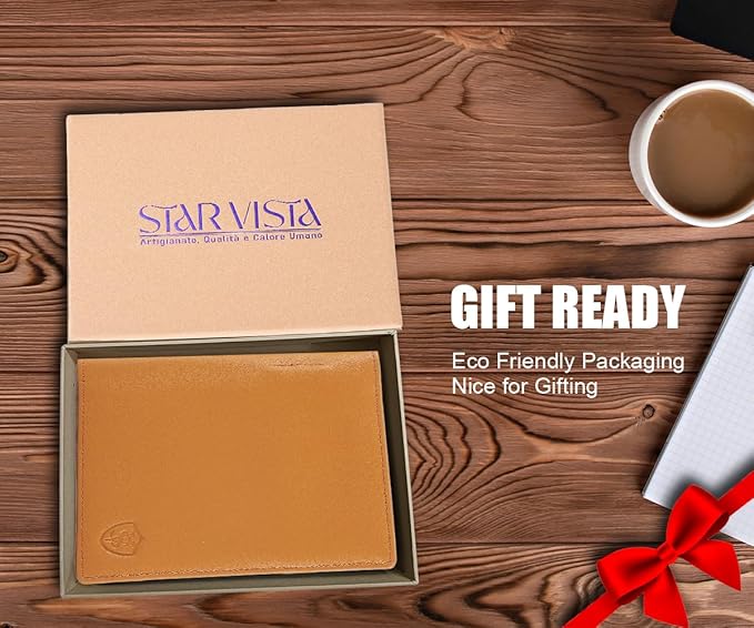 STAR VISTA Phoenix Leather Passport Holder, Calfskin Travel Wallet - RFID Blocking, ID Window, Zipper Pocket, Pen & Notebook Included, Honey