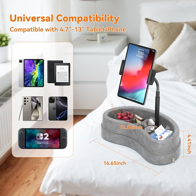 KDD Tablet Pillow Stand with Storage Tray - Adjustable iPad Holder for Lap, Bed and Desk - 360° Rotating Gooseneck Phone Stand Compatible with iPad Pro 12.9, 10.5, 9.7, Air Mini, Phone, E-Reader