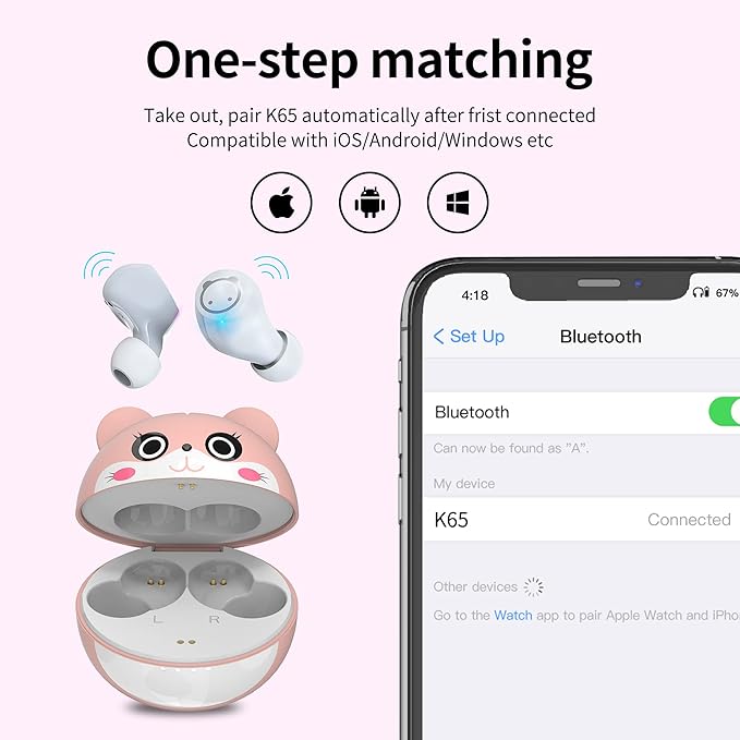 Bluetooth Earbuds Pink Wireless Earbud for Kids 36H Playtime IPX5 Waterproof Noise Reduction Cordless Girls Headphones USB-C LED Display Cartoon Kids Earphones