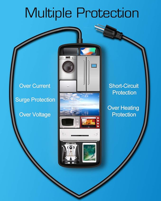 Surge Protector Power Strip - 12 Outlets,4 USB 6A Ports, 6Ft Extension Cord, 1875W/15A, 4360Joules, Overload Protection - Ideal for Home & Office Use (Black-USB6A)