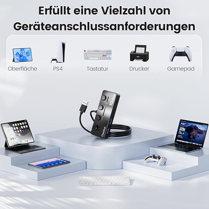 Qeefun 4-Port USB 3.2 Hub with 2 USB-C and 2 USB-A Ports, Individual LED Power Switches,10Gbps Data Transfer USB Splitter with 4ft Extension Cable, Multiple USB Extender for Laptop, PC, iMac etc