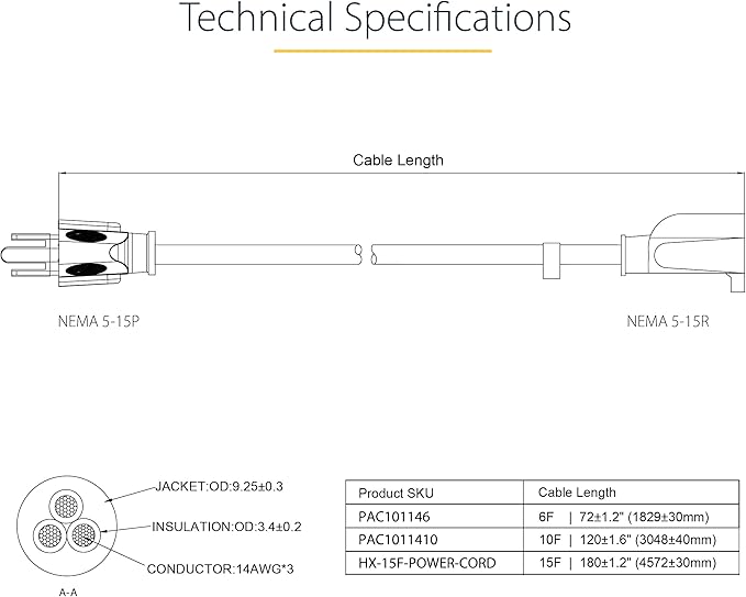 StarTech.com 6ft (1.8m) Heavy Duty Extension Cord, NEMA 5-15R to NEMA 5-15P Black Extension Cord, 15A 125V, 14AWG, Heavy Gauge Power Extension Cable, Heavy Duty AC Power Cord, UL Listed (PAC101146)
