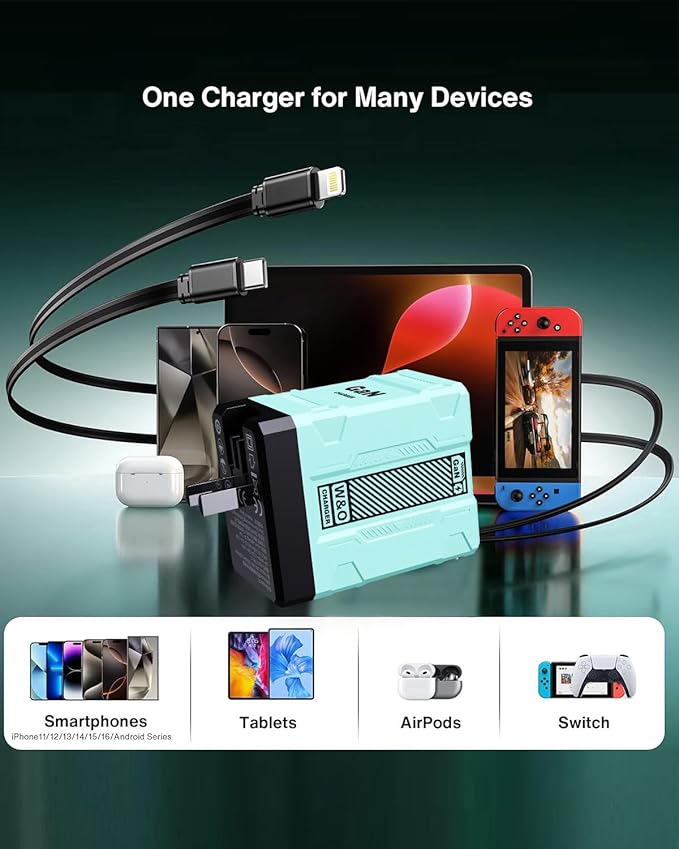 W&O 45W GaN Charger Fast Charging,Retractable Phone Charger Wall Plug with Lightening and Type-C Cables,for iPhone16/15/14/13/12/11 Series, Galaxy S25 24,Android and More (Blue)