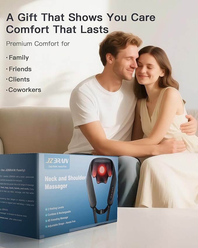 Neck and Shoulder Massager with Heat – Cordless Shiatsu Neck Massager for Pain Relief Deep Tissue - Adjustable Speed & Modes Kneading Massage for Back - Gift for Men Women