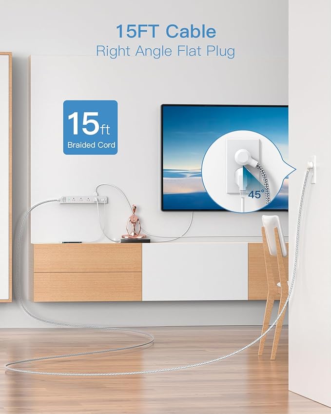 One Beat 15 ft Extension Cord,Power Strip Surge Protector 8 Widely AC Outlets 3 USB,Flat Plug,Desktop Charging Station with Overload Protection,Wall Mount for Home,Office,Travel,Computer ETL Listed