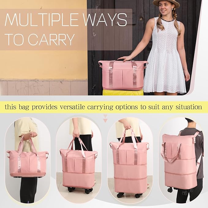 VOOWO Duffel Bag with Wheels - Rolling Foldable Expandable Duffle bags for Travel, Rolling Under Seat Luggage Carry On Travel Bag, Large Wheeled Overnight Weekender Bag (Pink)