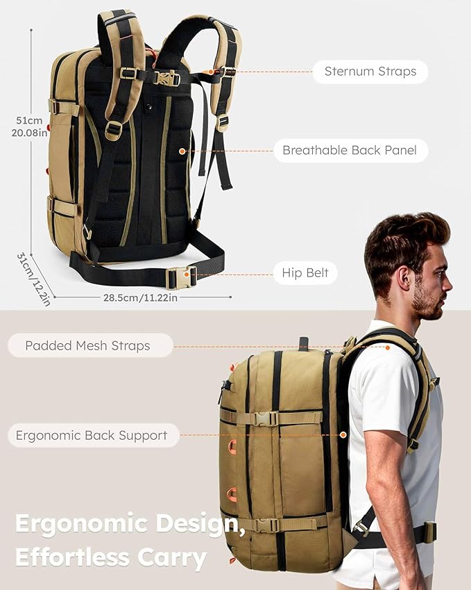Tolaccea Travel Laptop Backpack, TSA Flight Approved Carry On Travel Duffel Backpack, Dual Laptop Storage for 17.3" and 15.6" Laptop, Large Luggage Backpack 40-45L Expandable for Men Women (Khaki)