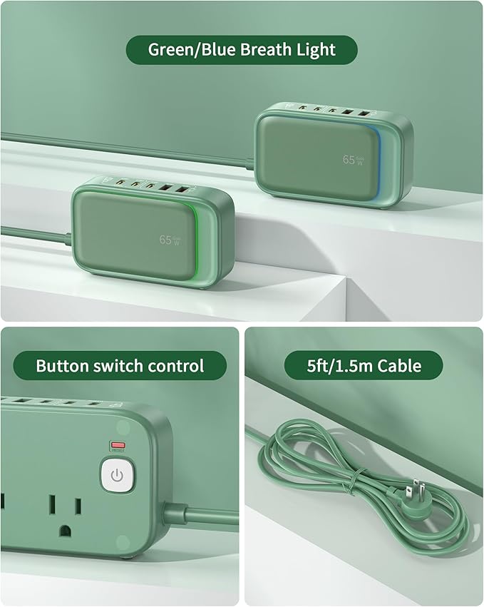 Power Strip with USB C Ports,30W USB C Charging Station,Surge Protection 1200J, 5FT Flat Extension Cord USB Charger Hub for Multiple Devices (Pearl Green, 30w)