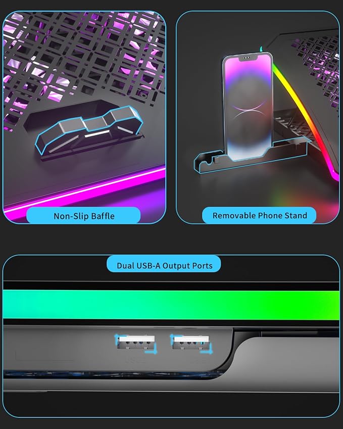 KeiBn Laptop Cooling Pad, Gaming Laptop Fan Cooling Pad with 9 Quiet Fans, RGB Laptop Cooler for 15.6-17.3 Inch, Cooling Pad for Laptop with 7 Height Stands, 2 USB Ports, Phone Stand-Purple