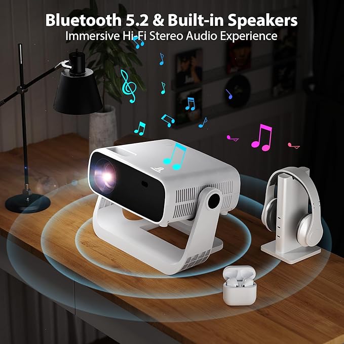 Smart Projector with WiFi 6 and Bluetooth Built-in Apps - 4K Support Portable Bedroom Mini Projector Native 1080P , 2025 New Auto Keystone & Zoom Home Theater Cinema Movie Proyector, 120° Stand