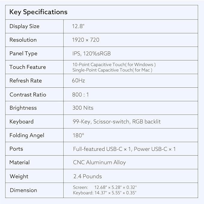 12.8" Portable Monitor Touchscreen with Keyboard, Screen Extender with Silent Portable Keyboard, USB-A Type-C Monitor for Laptop, Desktop, Mini PC, MacBook