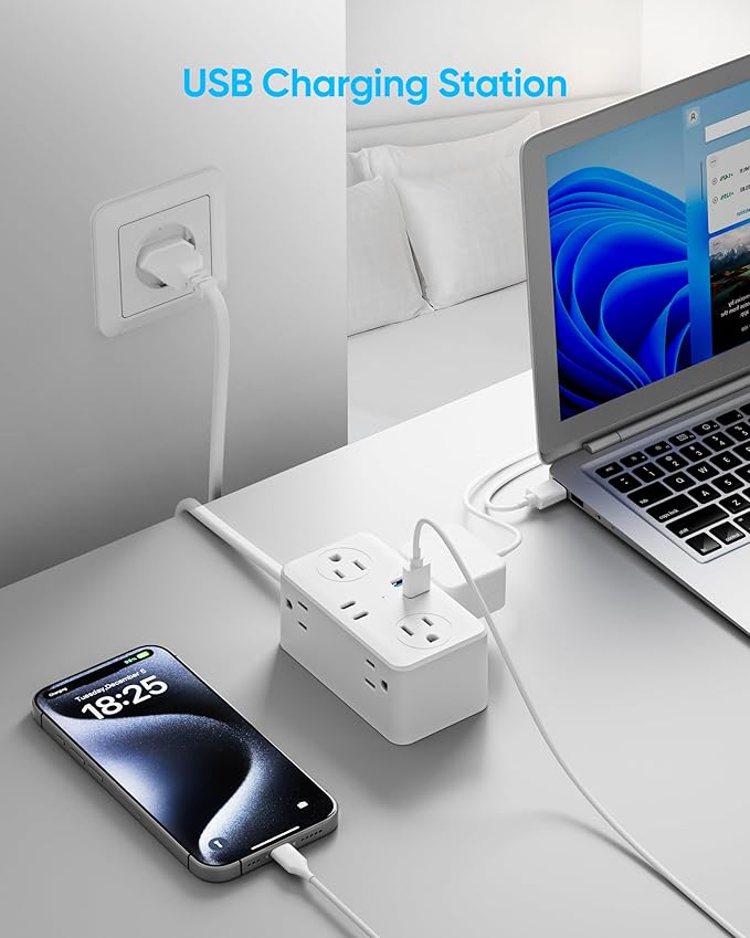 European Travel Plug Adapter, EU/UK/US Travel Plug Adapter Power Strip, 6 AC Outlets, 4 USB Ports (2 USB C), 3ft Wrapped Around Extension Cord, Universal Travel Adapter