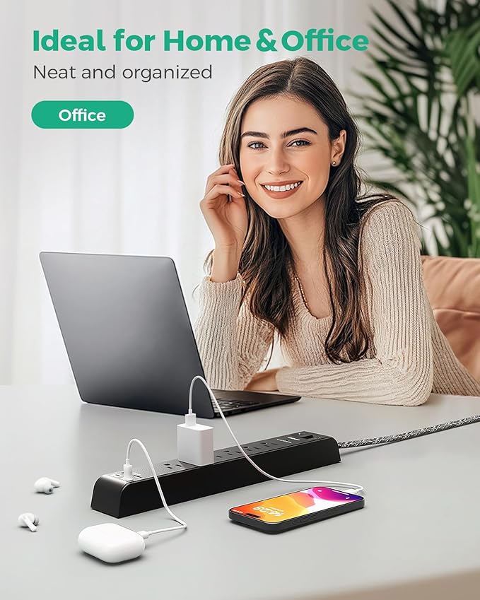 12FT Long Power Strip Surge Protector - with 6 Outlets 4 USB Ports, Heavy-Duty Braided Extension Cord, Flat Plug, 900 Joules, 15A Circuit Breaker, Wall Mount for Home Office (2 Pack)