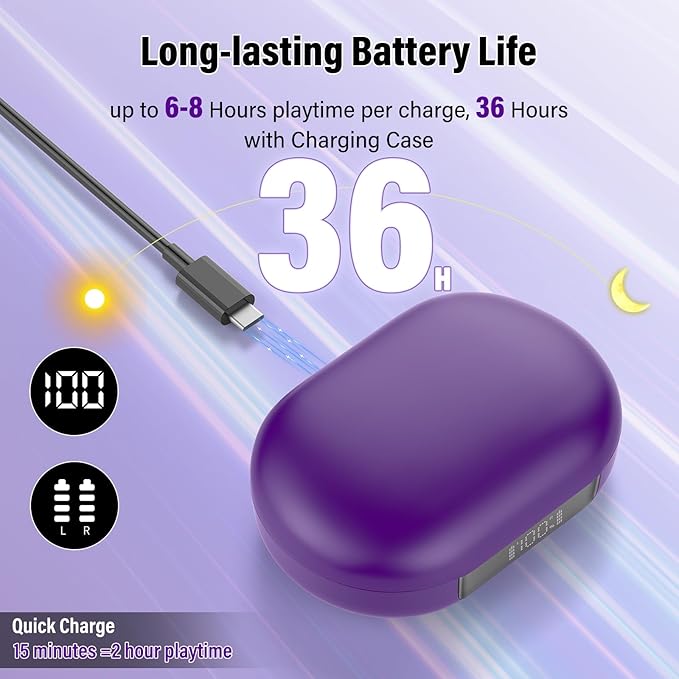 Open Ear Headphones, Bluetooth 5.4 Earphones 36H Playtime Air Conduction Headphones with Mic, Adjustable Earhook Earbuds with ENC Clear Calls/LED Display, IPX7 Open Ear Earbuds, Dark Purple
