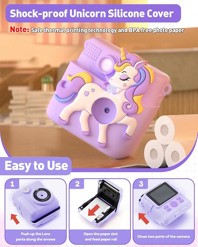 Kids Camera Instant Print Gifts for Girls Age 4-12, Instant Camera for Kids with Silicone Cover, 1080P Kids Digital Camera Toys for 3 4 5 6 7 8 9 10 Years Old Girls 32GB Card Lilac