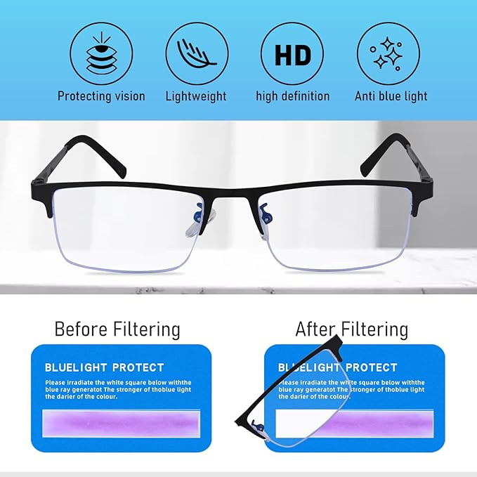 Blue Light Blocking Glasses, Lightweight Metal Half Frame Computer Reading/Gaming/TV/Phones Glasses,Filter UV Ray/Computer Glare with Spring Hinge Eyeglasses(Black+Brown)