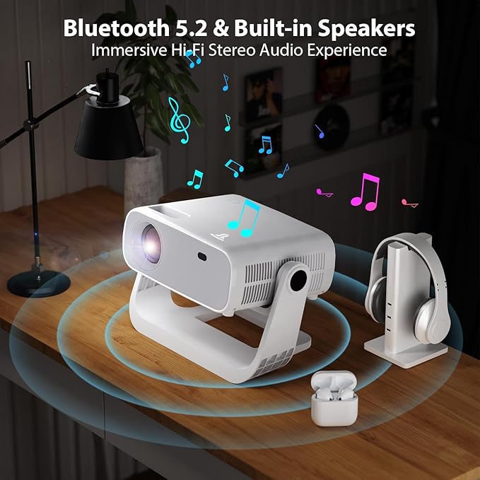 Smart Projector with WiFi 6 and Bluetooth Built-in Apps - 4K Support Portable Mini Projector Native 1080P , 2025 New Auto Keystone & Zoom Home Theater Cinema Movie Proyector, 120° Stand, Grey