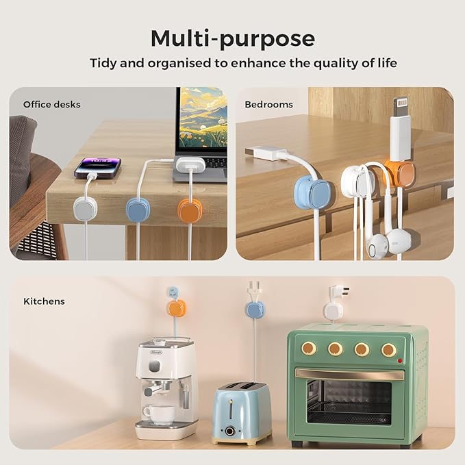 9 Pack Cord Organizer, Spring Cable Management, Adhesive Cute Cable Holder Clips, Phone Charger Wire Keeper for Desk Nightstand Car Office (9-Pack White_Orange_Blue)