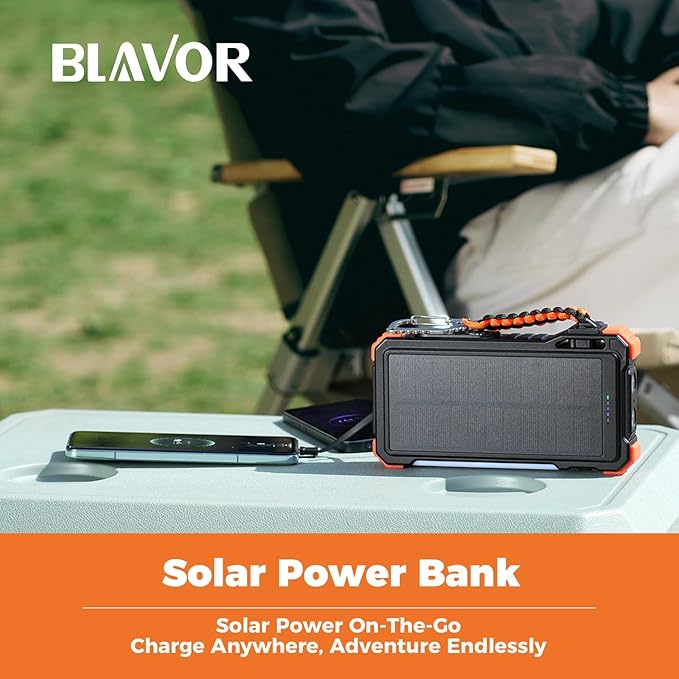 BLAVOR Solar Power Bank 20000mAh/74000mWh Built-in Cables, Wireless Charger for Apple Watch, 20W Fast Charging Battery Pack with USB C, Flashlight, Solar Charger for iPhone, iPad, iWatch, Samsung