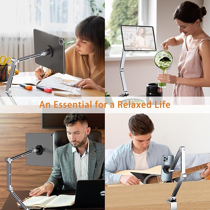 Magnetic Tablet Stand for Desk Aluminum Alloy Phone iPad Desk Holder Overhead Arm Mount with 360°Rotate Base for Magsafe/iPhone/Android/iPad (Magnetic Gray)