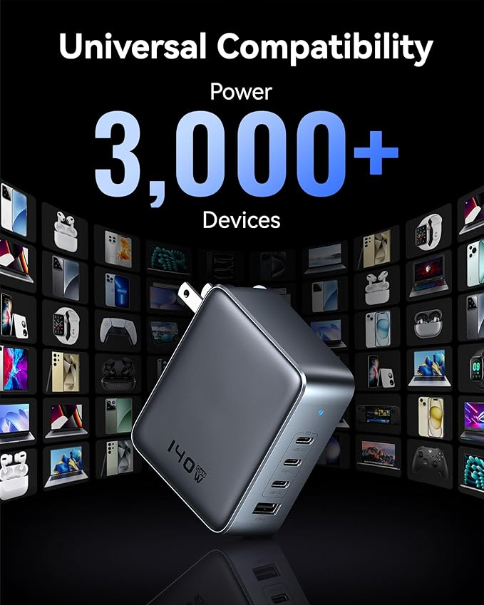 USB C Charger Block 140W, 4-Port GaN PD3.1 PPS Fast Laptop Charger Foldable Compact Power Adapter for MacBook Pro, iPhone 17/16/15 Series, iPad Air, Galaxy S25/S24 Ultra, Steam Deck, Google Pixelbook