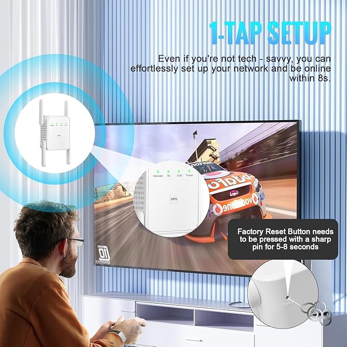 WiFi Extender Signal Booster-WiFi Extender 1200Mbps Dual Band (5GHz/2.4GHz) 360 Full CoverageUp to (4000 sq.ft) and 35 Devices 1-Tap Setup, WiFi Repeater with Ethernet Port