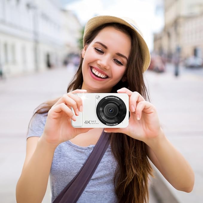 Digital Camera, 4K 64MP, 18X Zoom, Point and Shoot Digital Camera with 64GB TF Card & 2 Batteries, Portable Rechargeable Small Camera for Kids Teens Adult, White
