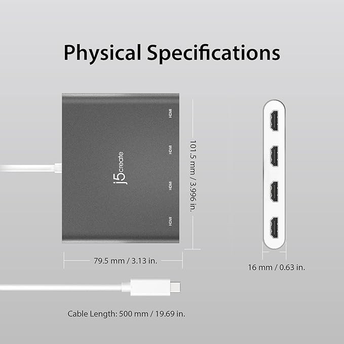 j5create USB-C to 4 Port HDMI Adapter Hub- Multi Monitor Splitter - Support 4 1080p 60Hz Displays - Compatible with Type-C MacBook and Windows Laptop (JCA366)