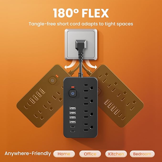 Power Strip Surge Protector Extension Cord - Chiefway 4 AC Outlets, 6 USB Ports (2 USB C) Short Cord Outlet Extender, with One-Touch Switch, Wall Mountable for Home Office Travel Dorm, Black