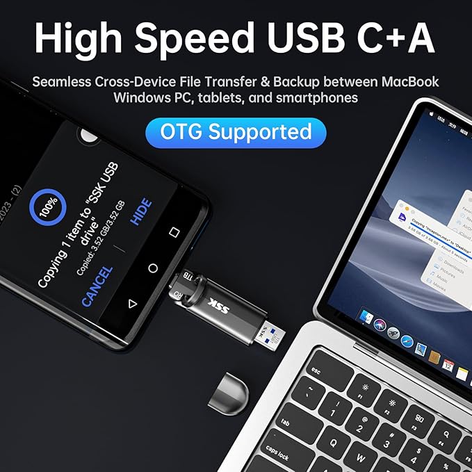 SSK USB Solid State Flash Drive 1TB, External SSD Up to 1000MB/s, Dual Port USB 3.2 Type-C/A, Portable SSD in Zinc Alloy Thumb Drive Stick for iPhone 15/16 Pro, Mac, PC, Android OTG Storage