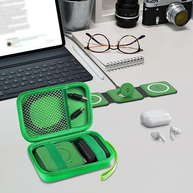Travel Case for UCOMX for Nano/for Rtops/for Hicober/for Iseyyox 3 in 1 Wireless Charger, Foldable Magnetic Charging Station Storage Holder Bag for Fast Charge Pad Cable and Adapter, Green-Box Only