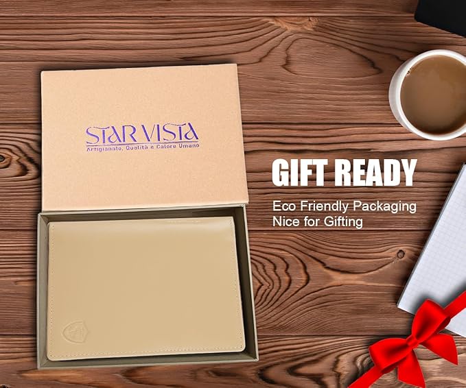 STAR VISTA Phoenix Leather Passport Holder, Calfskin Travel Wallet - RFID Blocking, ID Window, Zipper Pocket, Pen & Notebook Included, Ivory