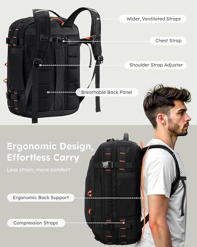 Tolaccea Travel Backpack, TSA Friendly Flight Approved Carry-on Luggage Water-resistant Business Rucksack, Durable Large Computer Bag Daypack Fits 15.6 Inch Laptop, 35-45L Expandable - Black