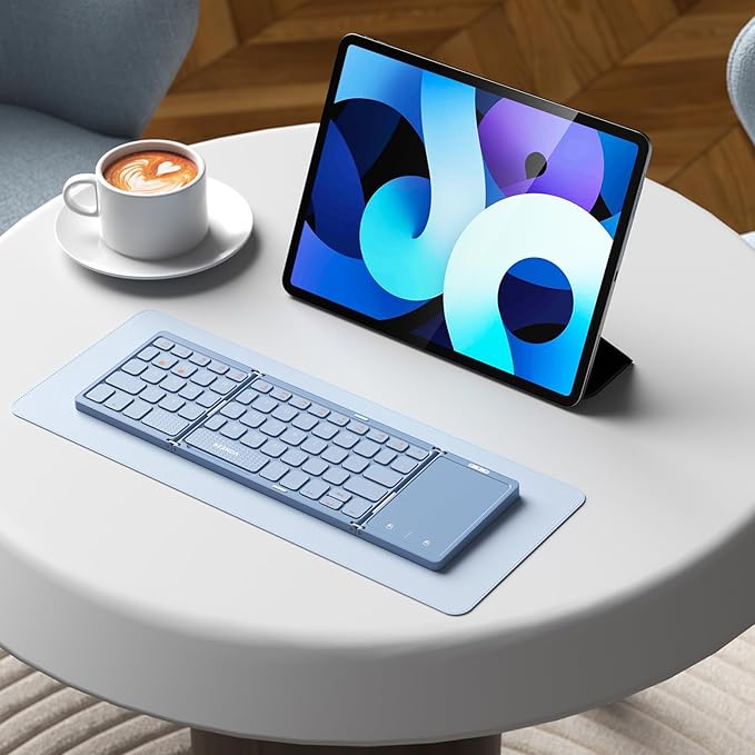seenda Foldable Bluetooth Keyboard for Travel, Tri-Folding Wireless Rechargeable Multi-Device Portable Keyboard with Touchpad, for Laptop iPad Tablet PC Smartphone Windows iOS Android, Blue