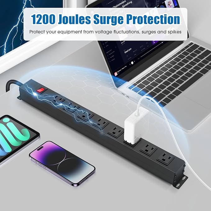 2Pack 8 Outlet Metal Wall Mount Power Strip, Mountable Outlet with Switch, Heavy Duty Wide Spaced Surge Protector, 6 FT SJT 14AWG Black Spring Cord.