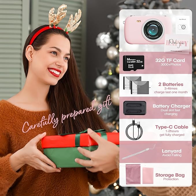 Digital Camera,5K Cameras for Photography,80MP UHD Portable Vlogging Camera,Cheap 18X Zoom Travel Point and Shoot Camera with 32GB TF Card,Photography Cameras for Beginners Teen - Pink